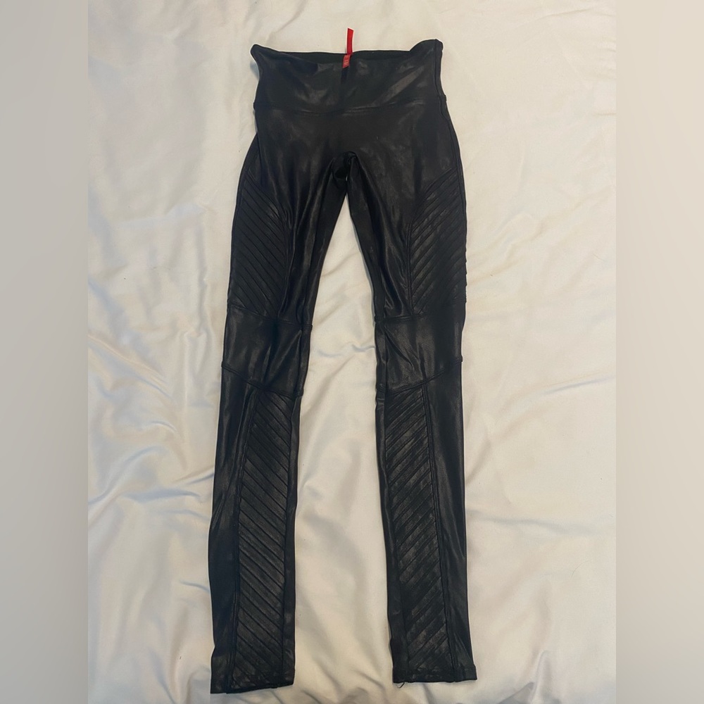 SPANX Faux Leather Moto Leggings in Black - Picture 2 of 5